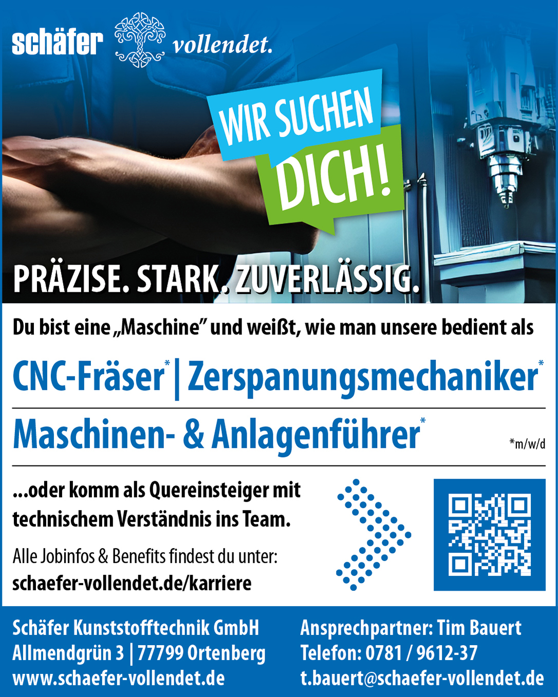 AZ202509 Stellenanzeige der Schäfer Kunststofftechnik GmbH: Zerspanungsmechaniker* Fachrichtung Frästeile, CNC-Fräser* sowie Maschinen- und Anlagenführer* gesucht