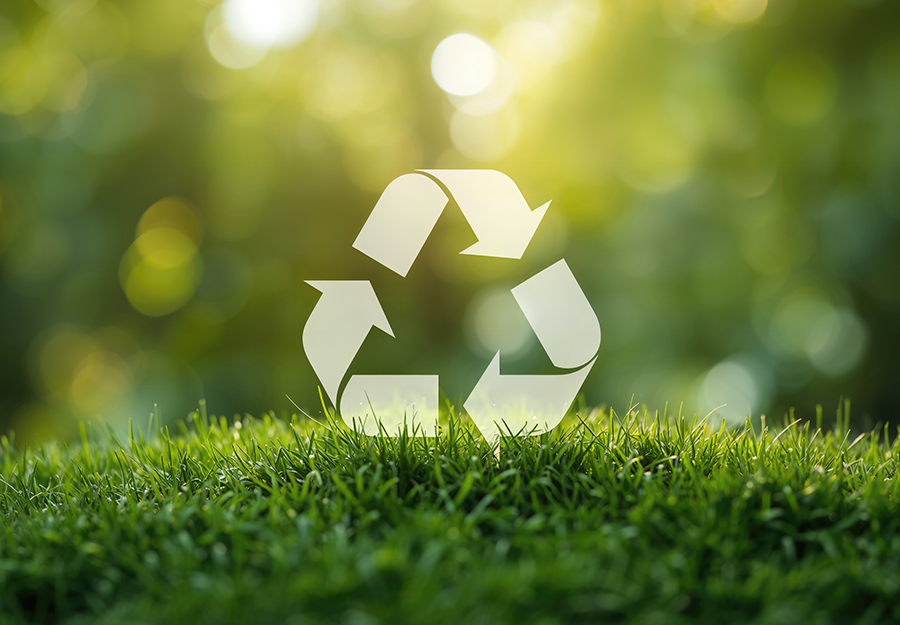 Recycling-Symbol auf Wiese – Sinnbild für Nachhaltigkeit in der Kunststoffverarbeitung