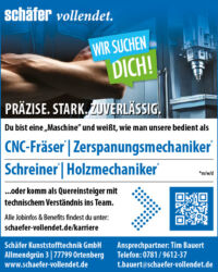 Stellenanzeige der Schäfer Kunststofftechnik GmbH: Zerspanungsmechaniker* Fachrichtung Frästeile, CNC-Fräser* sowie Maschinen- und Anlagenführer* gesucht 