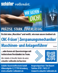 Aktuelles Stellenangebot als CNC-Fräser*, Zerspanungsmechaniker* oder Maschinen-& Anlagenführer* bei der Schäfer Kunststofftechnik GmbH in Ortenberg